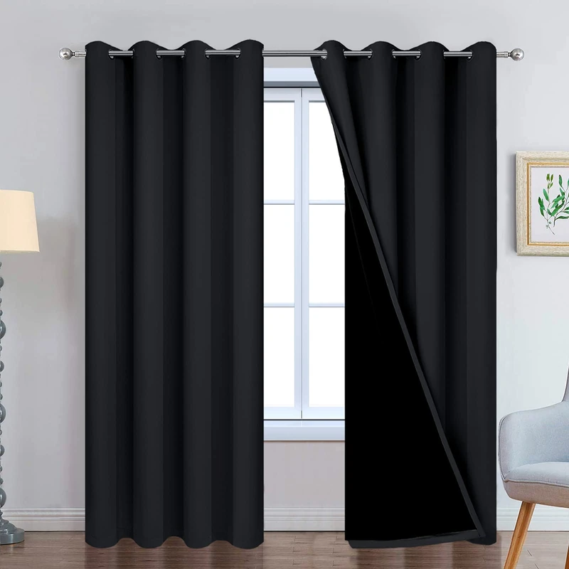 Yakamok Blackout Curtains for Bedroom, 2 Thick Layers, Thermal Insulated, with Eyelets, Total Blackout Curtains with Black Lining for Living Room (52 x 95 Inches, Black, 2 Panels)