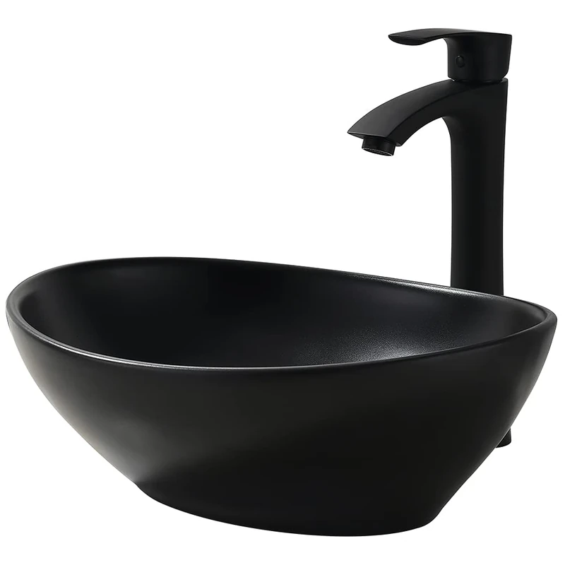 VASOYO 16x13 Matte Black Vessel Sink with Faucet and Drain Combo - Oval Porcelain Ceramic Above Counter Bathroom Sink