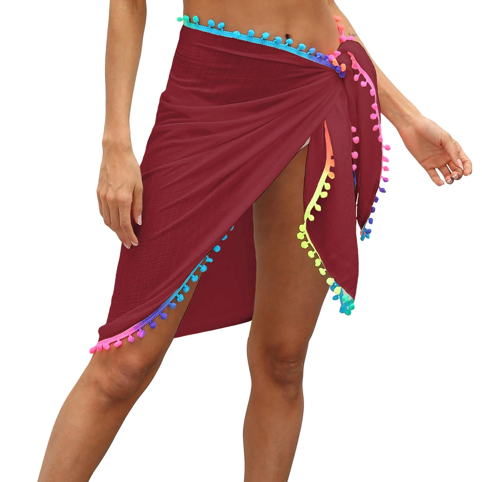 Womens Swim Wear Bikini Cover Up Sheer Beach Mini Wrap Skirt with Colorful Pompom Tassel Shorts Sarong Pareo for Summer Holiday (Dark Red, One Size)