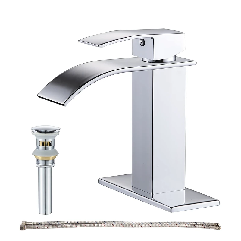 GENBONS Waterfall Spout Bathroom Faucet,Single Handle Bathroom Vanity Sink Faucet, Rv Lavatory Vessel Faucet Basin Mixer Tap with Pop-up Drain, Solid Brass Chrome
