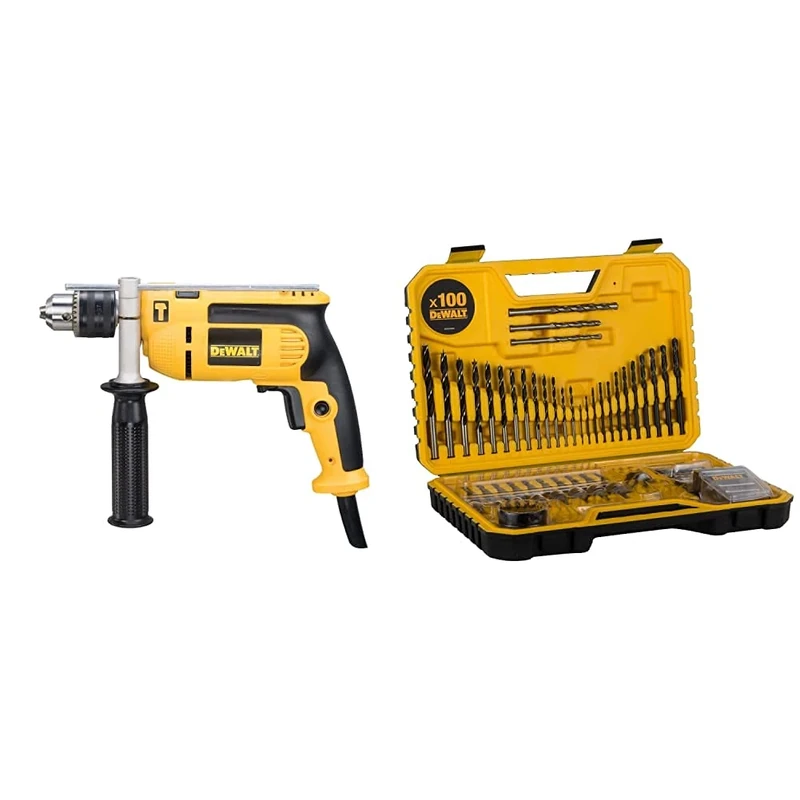 Dewalt DEWD024K DWD024KS 230 Volt Percussion Drill 13 mm with Kitbox, 701 W, Yellow/Black & DT71563-QZ Combination Drill BIT Set 100 Piece Set