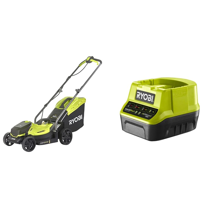 Ryobi OLM1833B 18V ONE+ Cordless 33cm Lawnmower (Body Only) & RC18120 18V ONE+ Compact Charger
