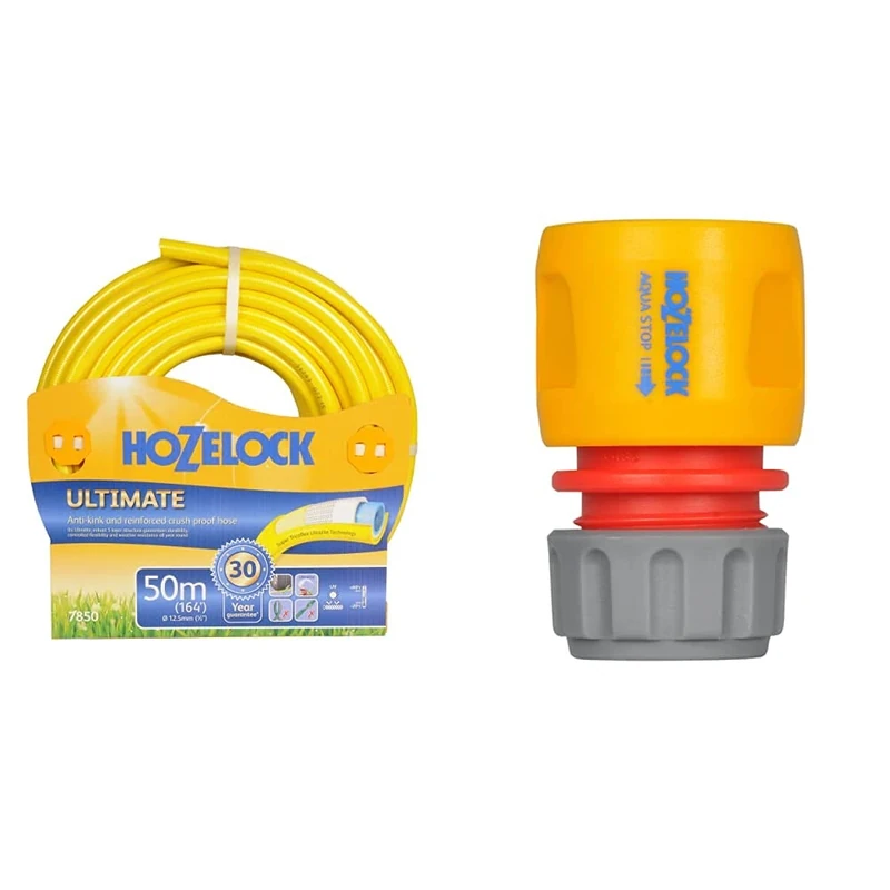 Hozelock 7850P0000 Ultimate Hose, 50 m, Yellow and 2185P9000 AquaStop Connector (12.5mm & 15mm), Grey, Orange, Red