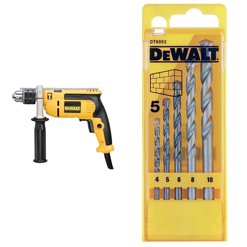 Dewalt DEWD024K DWD024KS 230 Volt Percussion Drill 13 mm with Kitbox, 701 W, Yellow/Black & DT6952-QZ Masonry Drill bit-Set (5 Piece)