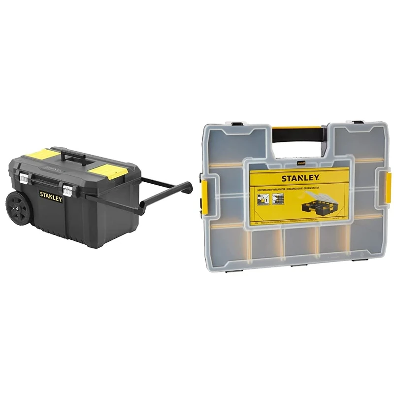 STANLEY Rolling Toolbox Chest with Heavy Duty Metal Latch, 2 Lid Organisers for Small Parts, Portable Tote Tray for Tools, STST1-80150 & 1-94-745 Sort Master Seal Tight Professional Organiser