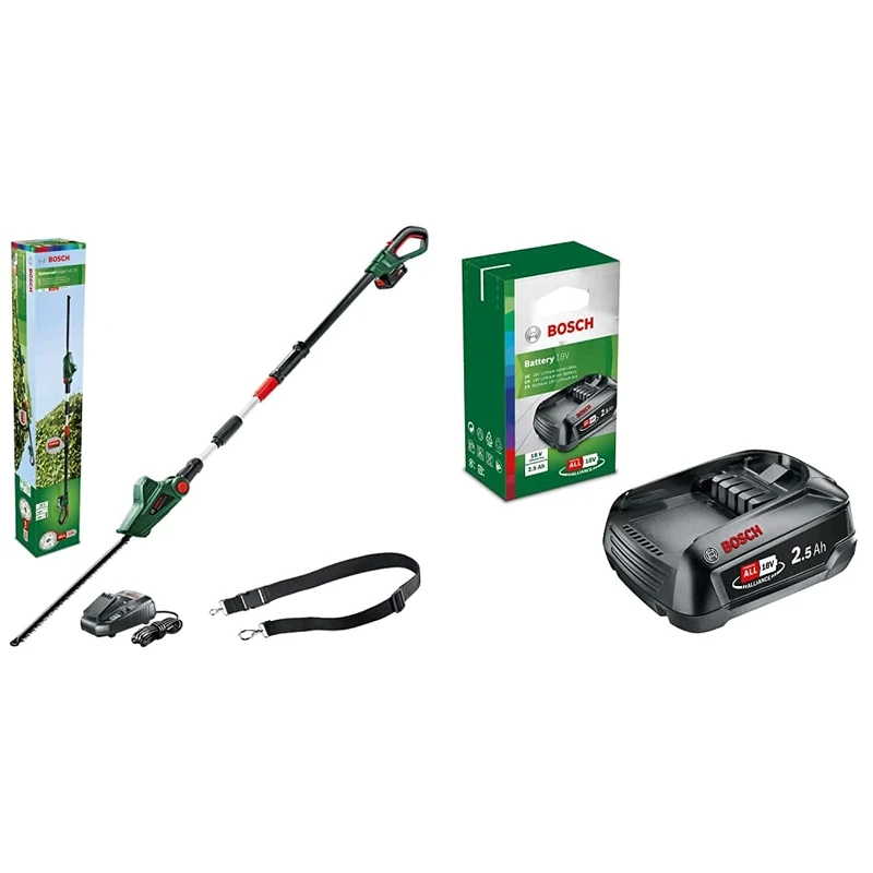 Bosch 06008B3070 Cordless Telescopic Hedge Trimmer UniversalHedgePole 18 (1 Battery, 18 Volt System in Cardboard Box) & Battery Pack PBA 18V (Battery 2.5 Ah W-B, 18 Volt System, in Carton Packaging)