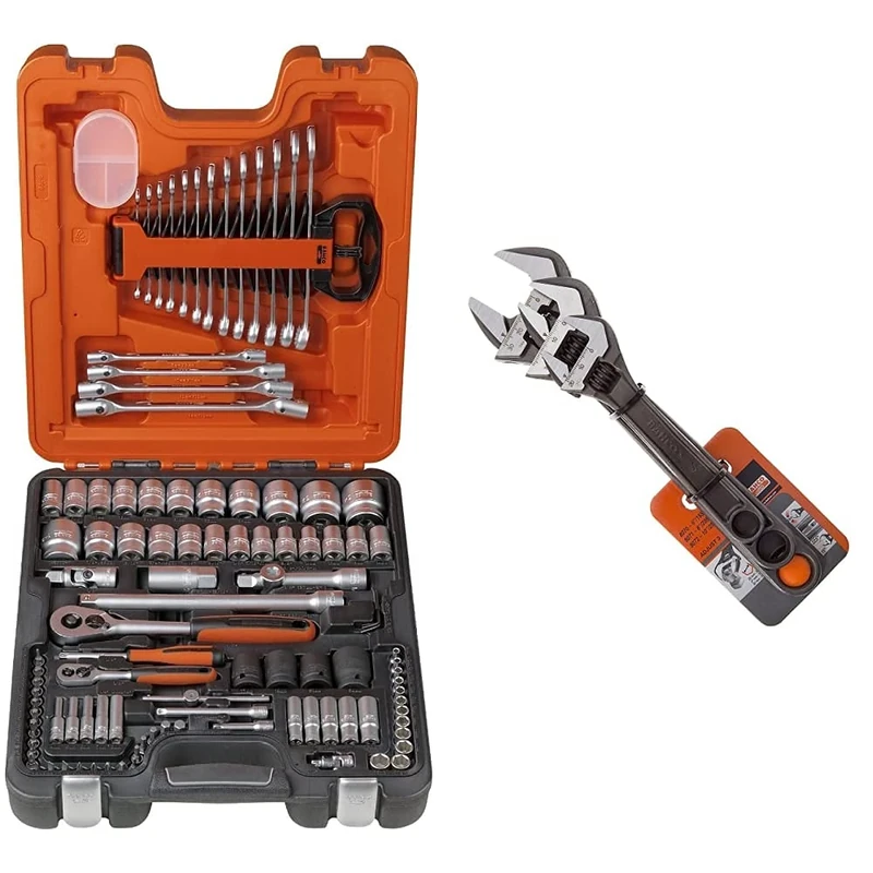 Bahco S106 Socket & Spanner Set, Metric 1/4" & 1/2" Drive, 106 Pieces & BHADJUST 3 ADJ3 Set of 3 Adjustable Wrenches (8070/8071 / 8072), Grey, 16 Degree Head Angle
