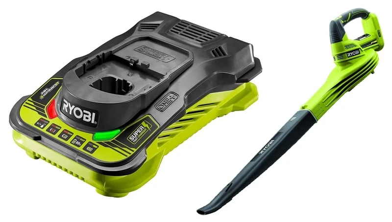 Ryobi OBL1820S ONE+ Cordless Blower, Air Speed (Zero Tool), 245 km/h, 18 V, Hyper Green and Grey & RC18150 18V ONE+ Cordless 5.0A Battery Charger