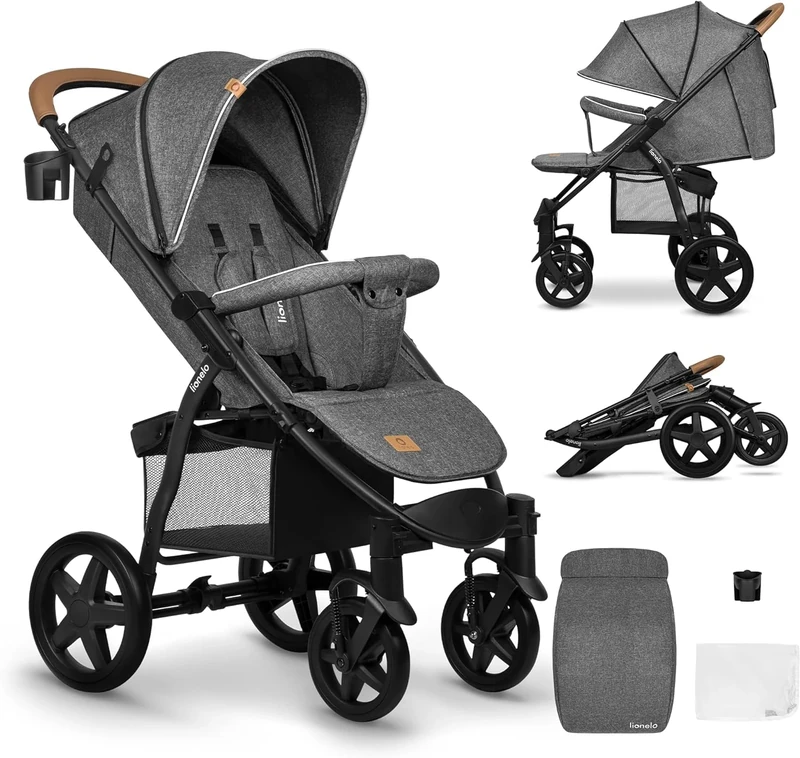 LIONELO Pushchair from Birth up to 22 kg Annet Plus Light & Foldable Stroller with Reclining backrest to a Lying Position, EVA Foam Wheels, Mosquito Net, Footblanket, Drink Holder, Basket, XXL Hood