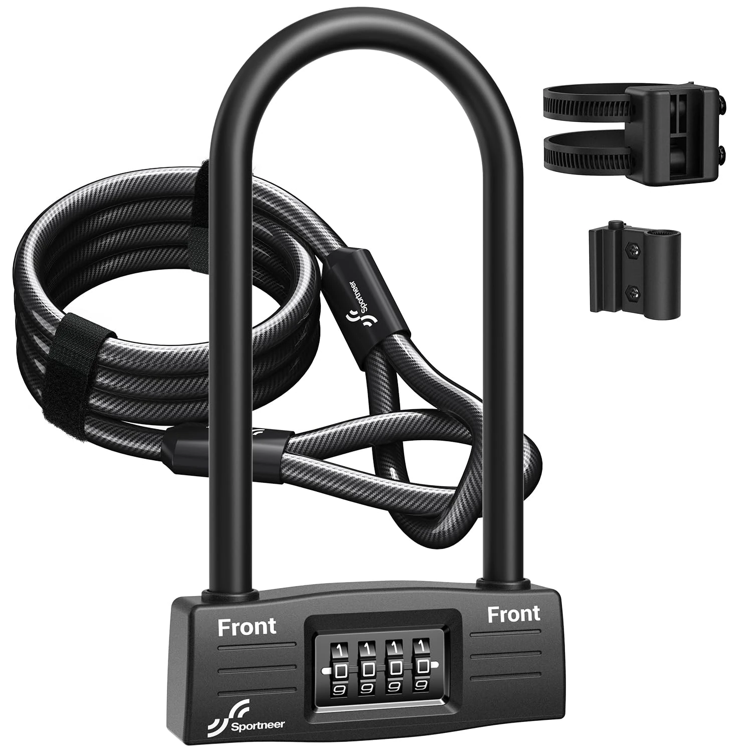 Sportneer Bike Lock Set, Heavy Duty D Lock 4-Digit Resettable Combination with 5 Ft Security Steel Cable Mounting Bracket for Road Bike, Electric Bike, Mountain Bike, Folding Bike, Door