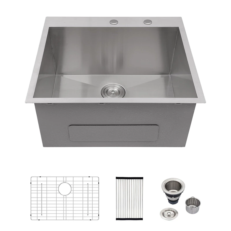 Logmey 25 in Laundry Sink Drop in - 25x22 Inches Handmade Laundry Utility Sink 12 Inch Deep Topmount Sink 16 Gauge Stainless Steel Single Bowl Sink for Laundry Room 25x22x12 Inch