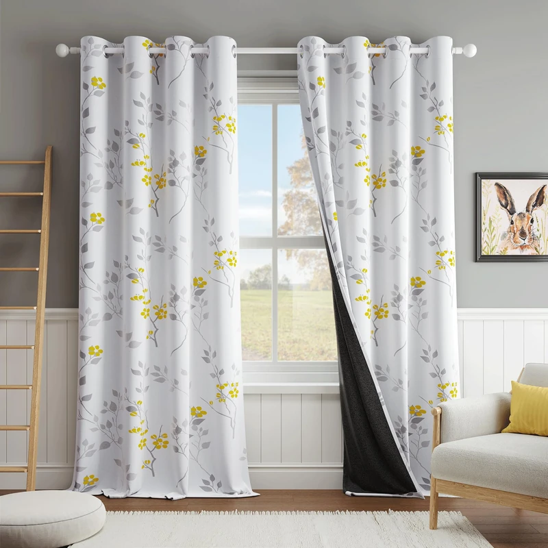 Beauoop Floral 100% Blackout Curtains Bedroom Yellow Grey 52X96 2 Panels