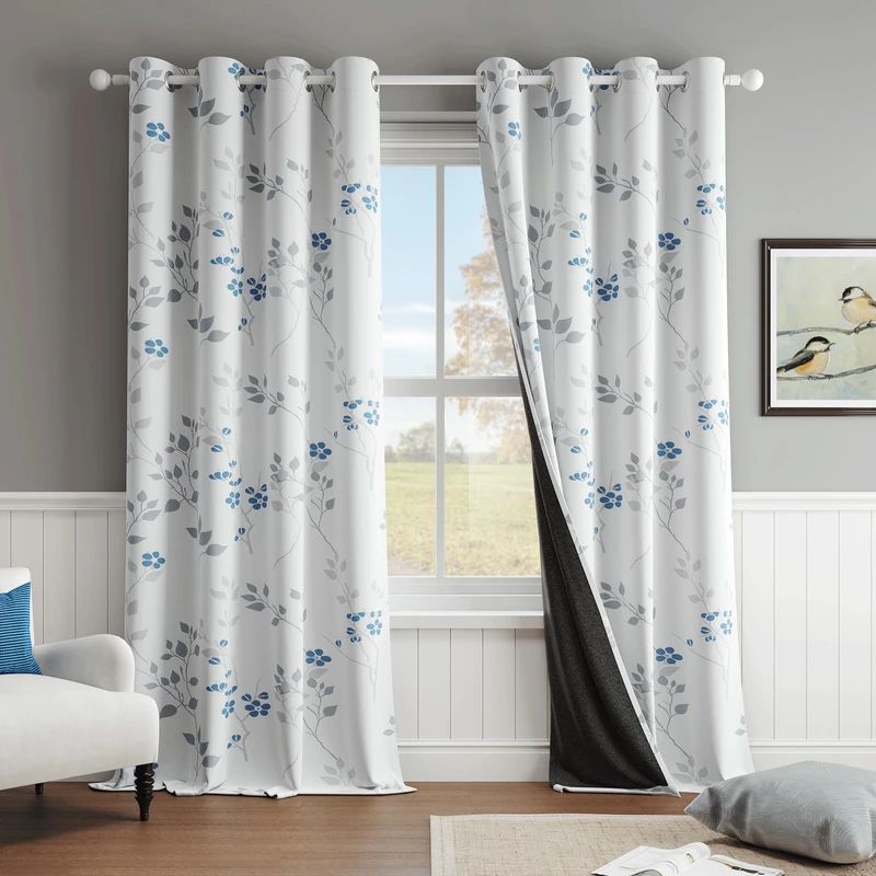 Beauoop Floral 100% Blackout Curtains 84 Inches Long 2 Panels for Bedroom Living Room Blue Grey and White Flower Patterned Room Darkening Thermal Soundproof Grommet Window Treatments Drapes, 52X84