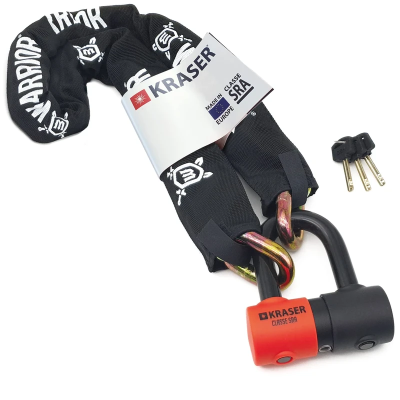 KRASER KR50120 High Security Anti Theft Chain Lock for Motorcycles + Mini U Disc Lock ø13.5/0.53in, SRA Approved, Fully Tested Versatile for Motorcycles, Scooters, Parking Anchor 120cm/3,9ft Long