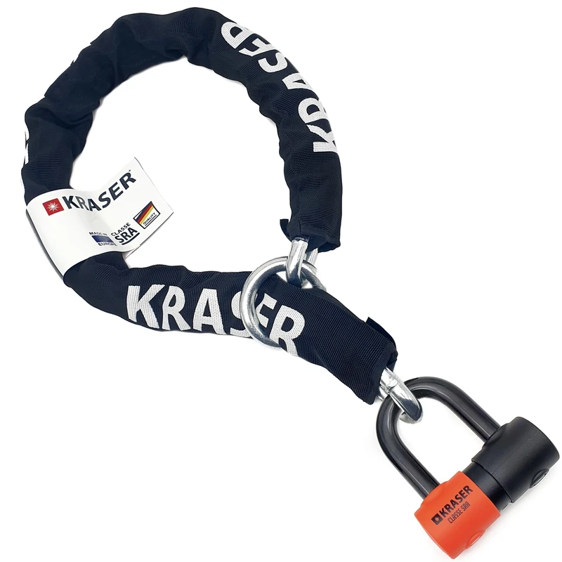 KRASER KR50120L Motorcycle Chain Lock Mini U Approved Padlock Massive Steel Heavy Duty ø0.53in, 3.9ft Long, Loop Ring, Textile Cover, High Security Anti-Theft, Garage Anchor, Scooter Electric Bicycle