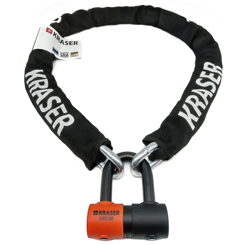 KRASER KR50150 High Security Anti Theft Chain Lock for Motorcycles + Mini U Disc Lock ø13.5/0.53in, SRA Approved, Fully Tested Versatile for Motorcycles, Scooters, Parking Anchor 150cm/4,9ft Long