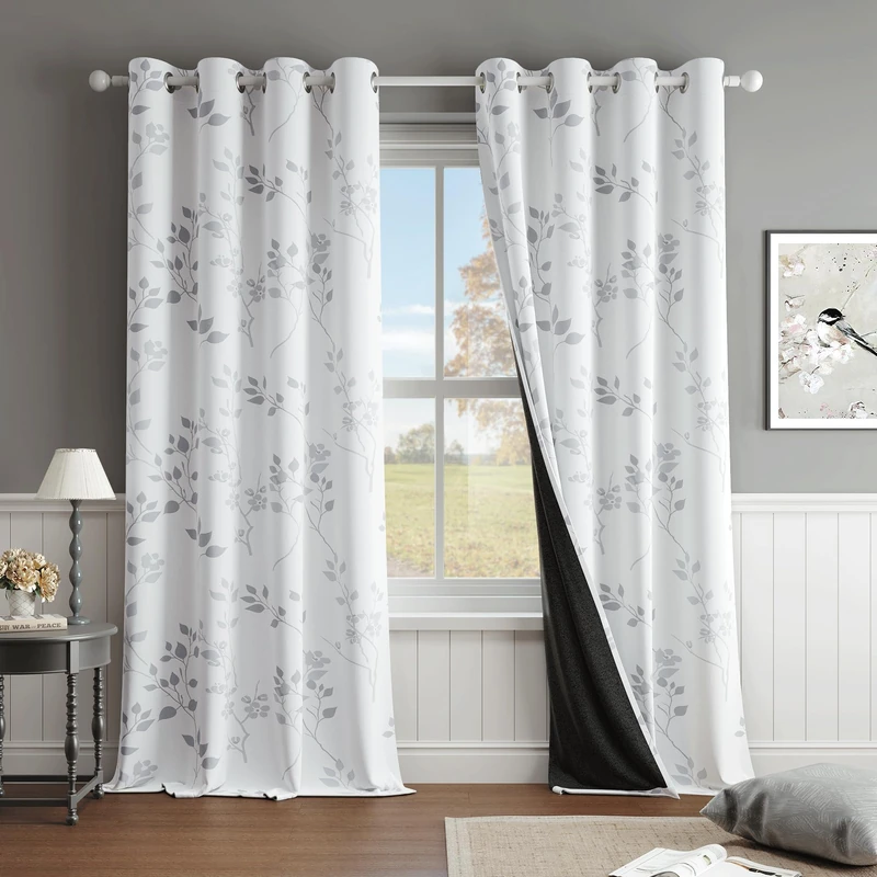 Beauoop Floral 100% Blackout Curtains 84 Inches Long 2 Panels for Bedroom Living Room Grey White Flower Patterned Room Darkening Thermal Insulated Soundproof Grommet Window Treatments Drapes, 52X84 - Image 1
