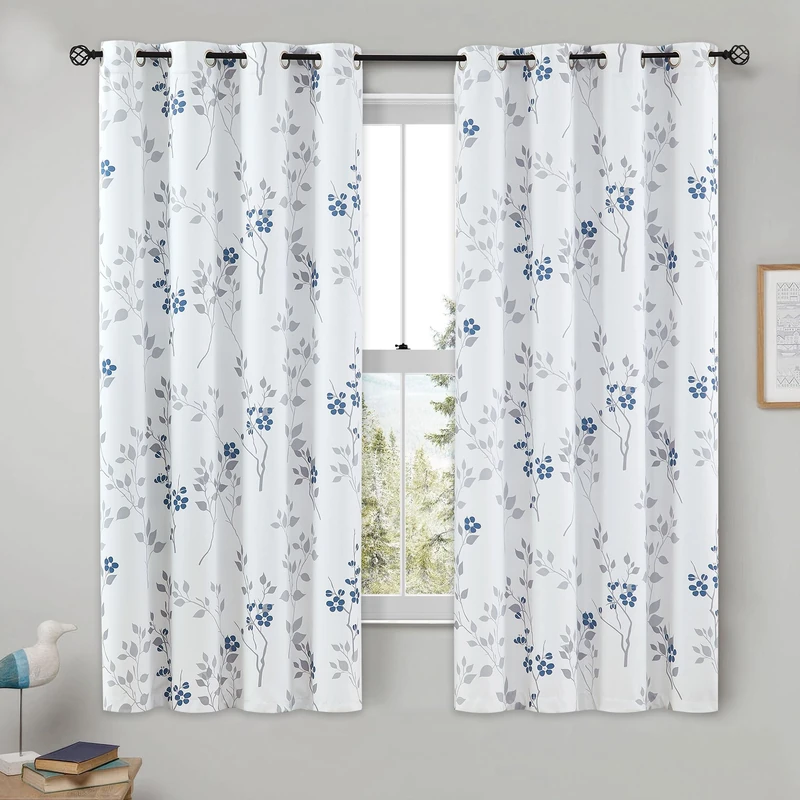 Beauoop Floral 100% Blackout Curtains 63 Inch Length 2 Panels for Bedroom Living Room Blue Grey and White Flower Patterned Room Darkening Thermal Soundproof Grommet Window Treatments Drapes, 52X63 - Image 1
