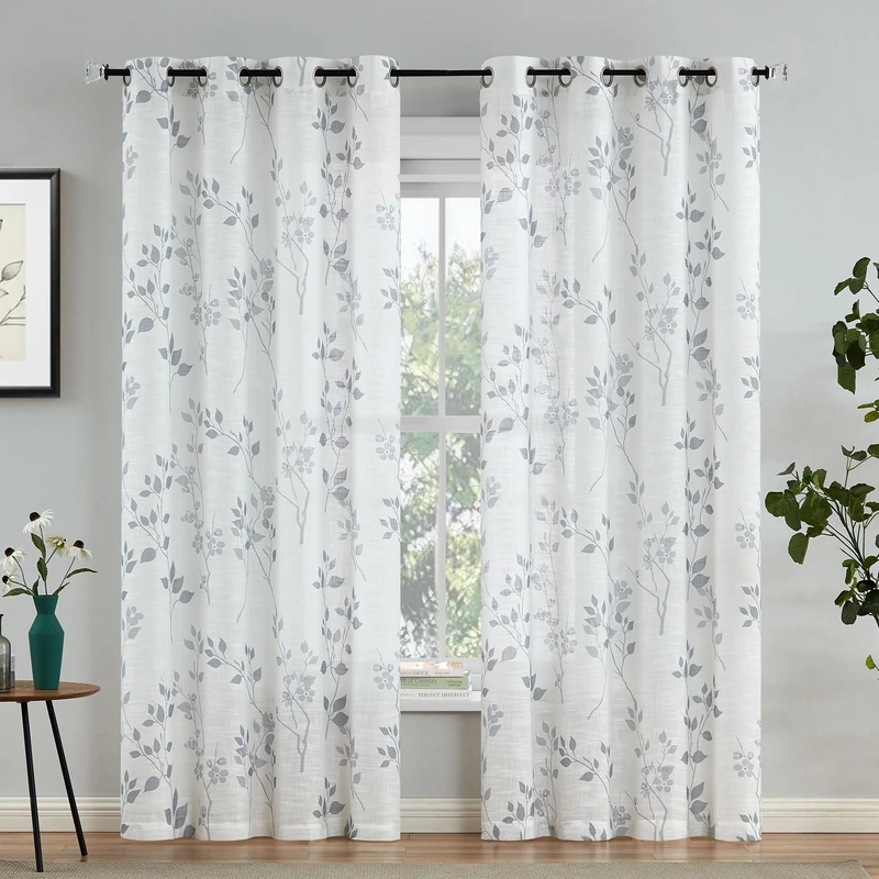 Beauoop Grommet Top Floral Semi Sheer Curtains 84 Inch Length for Living Room Bedroom Farmhouse Botanical Leaf Printed Rustic Linen Textured Panel Drapes Window Treatment, Set of 2, 50 Inch Wide, Gray