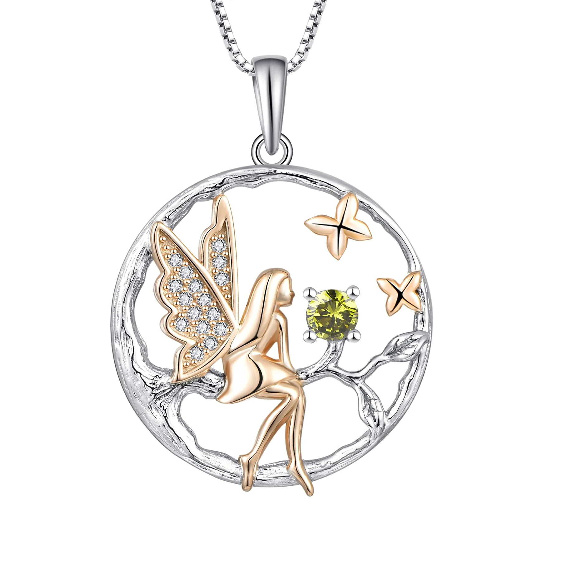 FJ Guardian Angel Pendant Necklace 925 Sterling Silver Tree of Life Necklace Butterfly Fairy Necklace with August Birthstone Peridot Jewellery Gifts for Women Girls