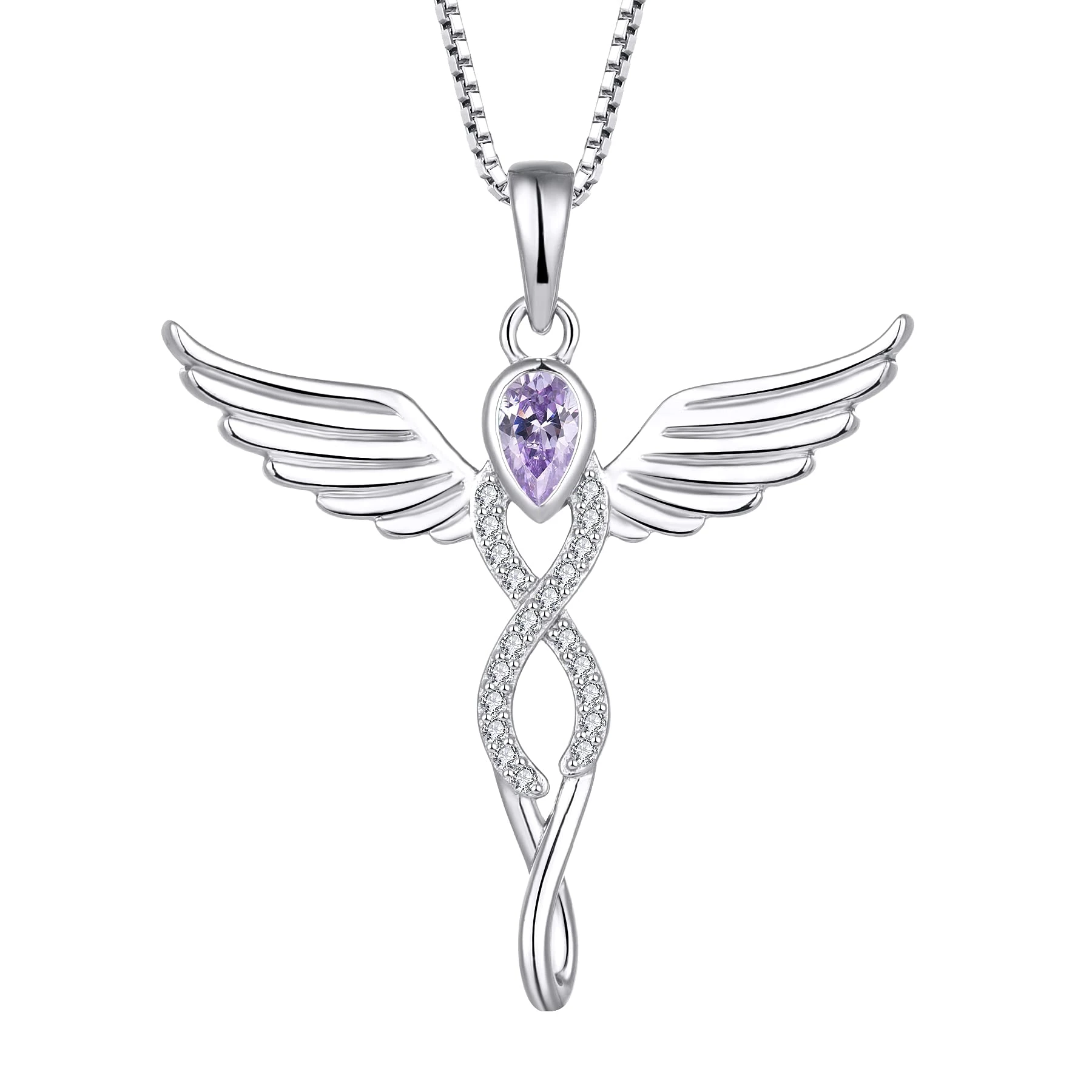 FJ Angel Wing Pendant Necklace 925 Sterling Silver Guardian Angel Necklace Infinity Alexandrite June Birthstone Necklace Jewellery Gifts for Women Girls