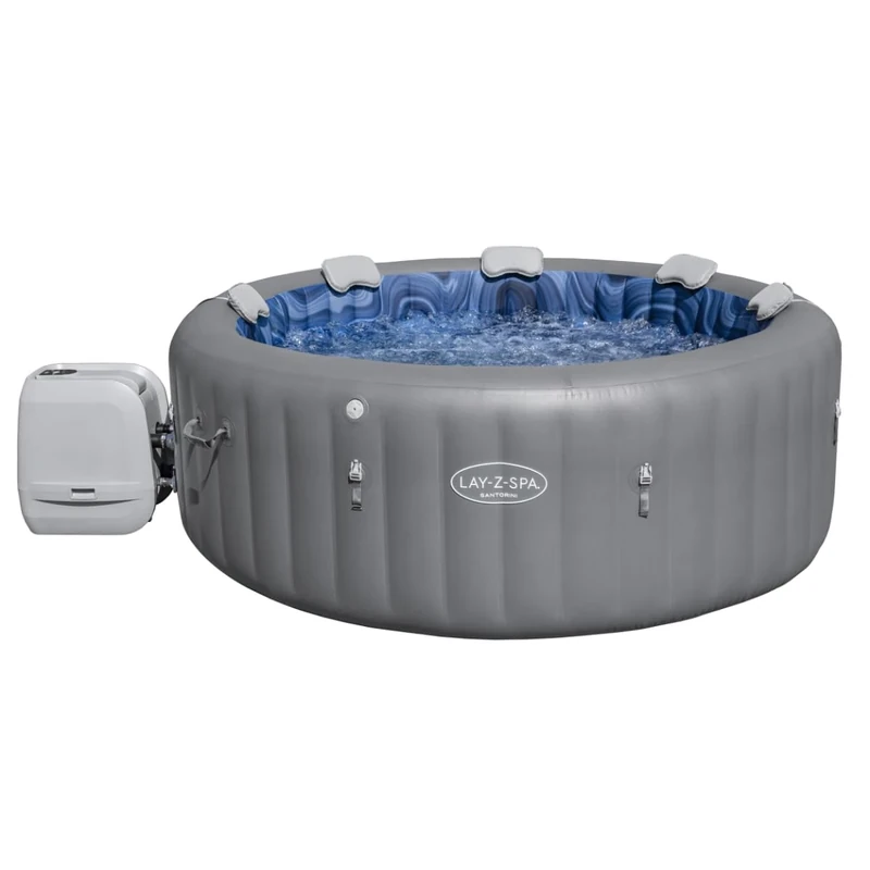 Lay-Z-Spa Santorini Pro Built in LED Light, 10 HydroJet System, Integrated Seats and Foot Massager Inflatable Hot Tub with Freeze Shield Technology, 5-7 Person, Grey
