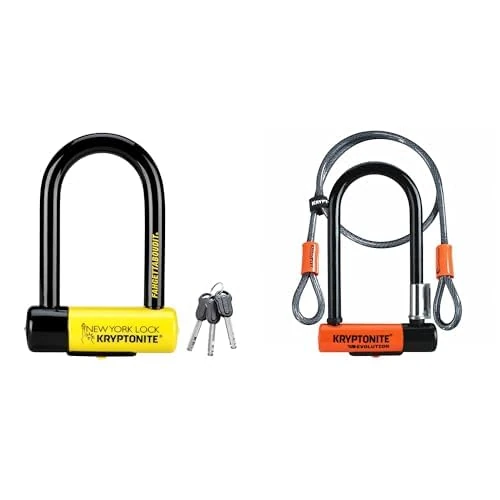 Kryptonite New York FAHGETTABOUDIT Lock - Yellow, Mini & Evolution Mini-7 Lock with Flex Cable and Bracket - Orange, 7-Inch