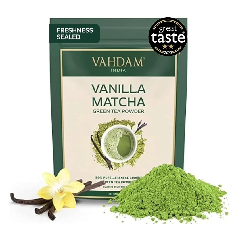 VAHDAM, Vanilla Matcha Green Tea Powder - 25g | Pure Madagascar Vanilla + Premium Authentic Japanese Matcha | Hot or Iced - Vegan & Gluten-Free, Packaging may vary
