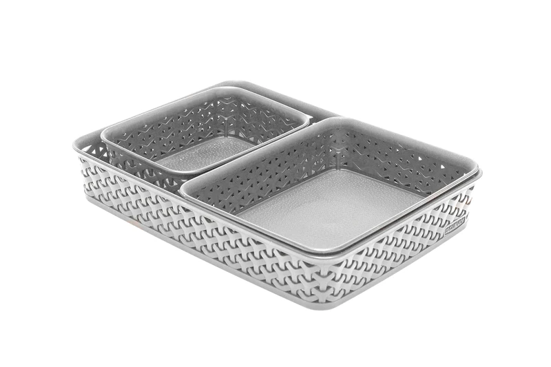 Curver My Style Rattan Effect Set of 3 Office Rectangular A4 A5 A6 Desk Storage Basket Tray Set - Light Grey
