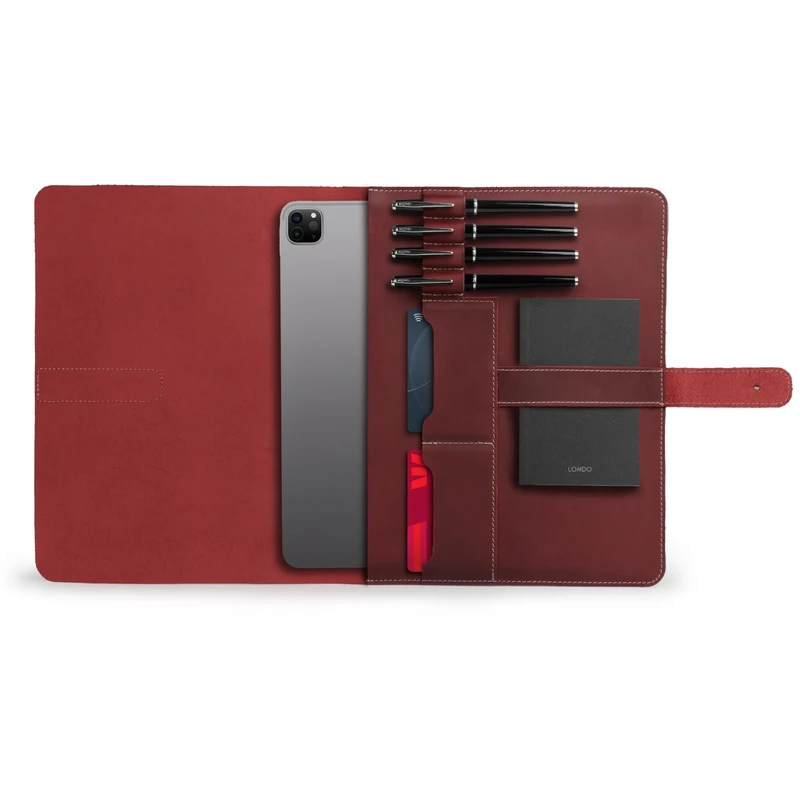 Londo Genuine Leather Tablet Cover with Two Card Slots & Leather Pen/Apple Pencil Holders (Red, 12.9 Inch)