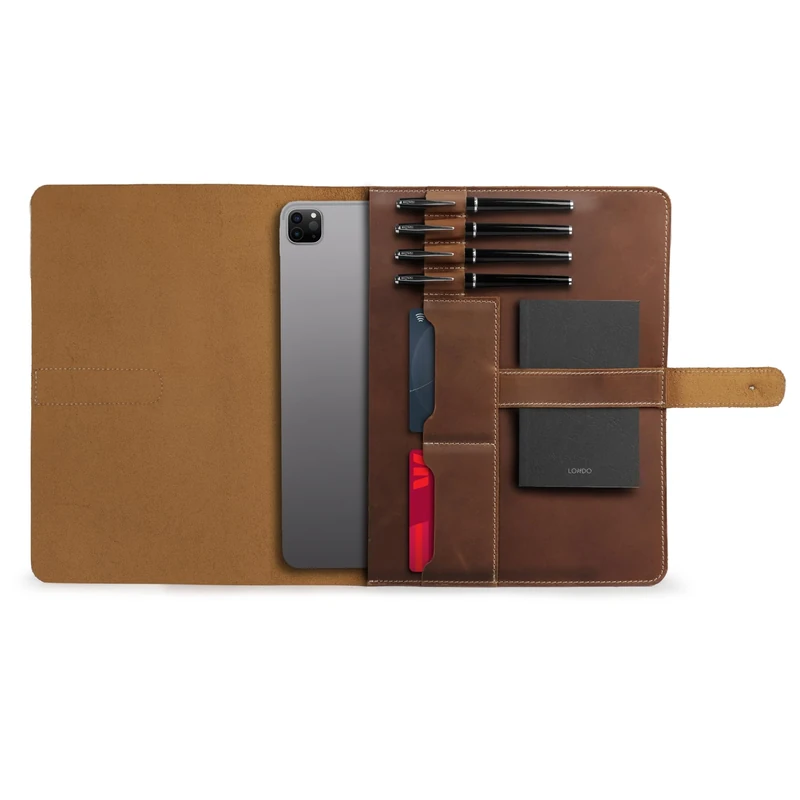 Londo Genuine Leather Tablet Cover with Two Card Slots & Leather Pen/Apple Pencil Holders (Camel, 12.9 Inch)