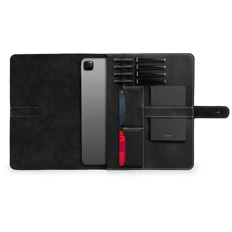 Londo Genuine Leather Tablet Cover with Two Card Slots & Leather Pen/Apple Pencil Holders (Black, 12.9 Inch)