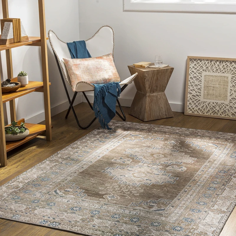 Livabliss Faraoun Machine Washable Rug - Vintage Area Rugs Living Room, Large Rug 200x275 cm - Traditional Boho Style, Dining Room, Kitchen, Outdoor, Hallway - Brown, Blue, Beige