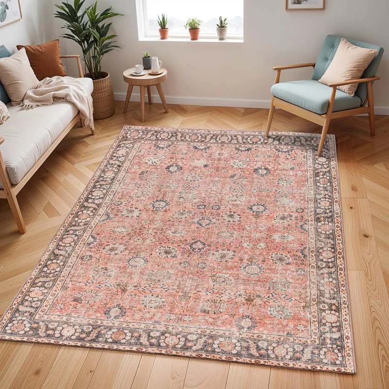 Livabliss Terjit Machine Washable Rug - Vintage Area Rugs Living Room, Large Rug 160x220 cm - Traditional Boho Style, Dining Room, Kitchen, Outdoor, Hallway - Rust, Brown, Charcoal