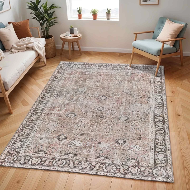 Livabliss Terjit Machine Washable Rug - Vintage Area Rugs Living Room, Large Rug 160x220 cm - Traditional Boho Style, Dining Room, Kitchen, Outdoor, Hallway - Brown, Charcoal, Black