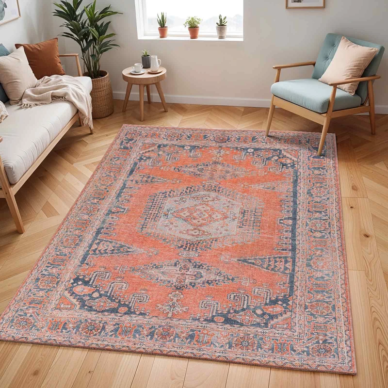 Livabliss Tessot Machine Washable - Vintage Area s Living Room, Large 200x275 cm - Traditional Boho Style, Dining Room, Kitchen, Outdoor, Hallway - Burnt Orange, Blue, Tan