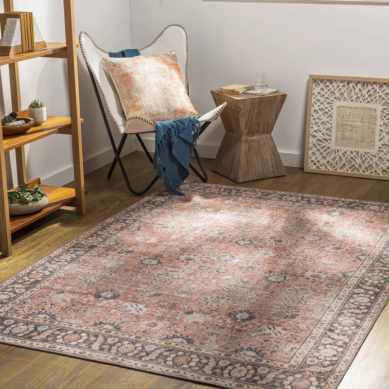 Livabliss Terjit Machine Washable Rug - Vintage Area Rugs Living Room, Large Rug 200x275 cm - Traditional Boho Style, Dining Room, Kitchen, Outdoor, Hallway - Rust, Brown, Charcoal