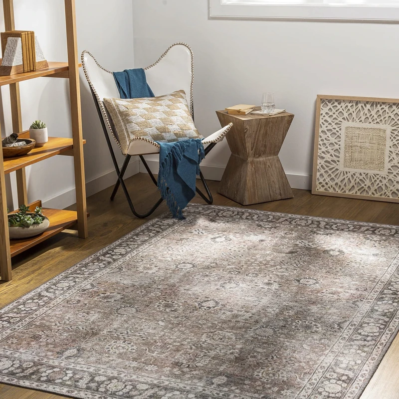 Livabliss Terjit Machine Washable Rug - Vintage Area Rugs Living Room, Large Rug 200x275 cm - Traditional Boho Style, Dining Room, Kitchen, Outdoor, Hallway - Brown, Charcoal, Black