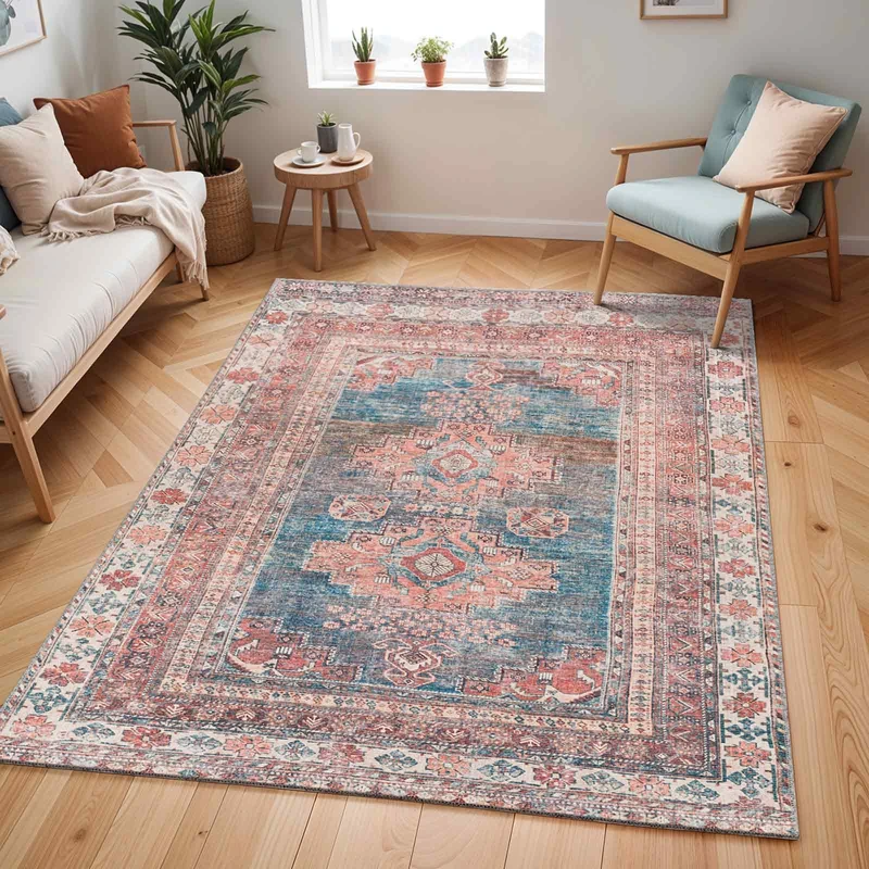 Livabliss Faraoun Machine Washable - Vintage Area s Living Room, Large 200x275 cm - Traditional Boho Style, Dining Room, Kitchen, Outdoor, Hallway - Coral, Blue, Brown, Cream