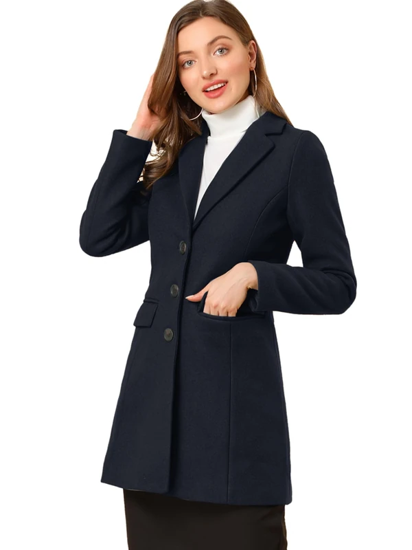 Allegra K Women's Notched Lapel Single Breasted Outwear Winter Coat, Dark Blue, M