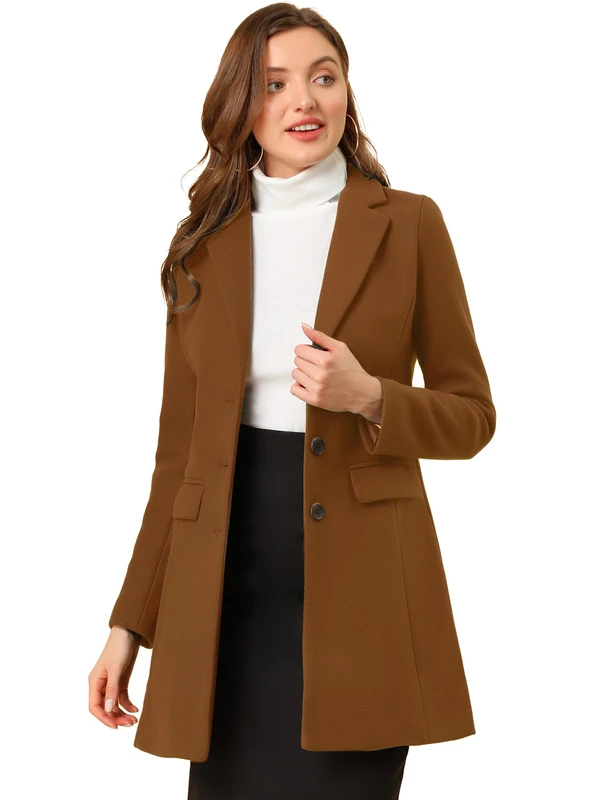 Allegra K women's notched flap button closure coat., Dark Coffee, M