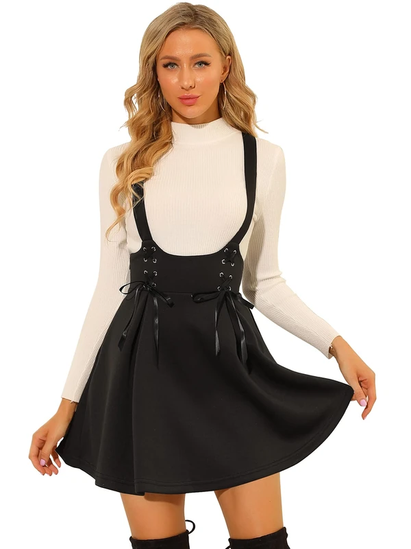 Allegra K Women's High Waist Brace Skirts A-Line Mini Lace Up Suspender Skirt, Black, Large