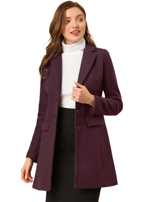 Allegra K women's notched flap button closure coat., Purple, Red, XL