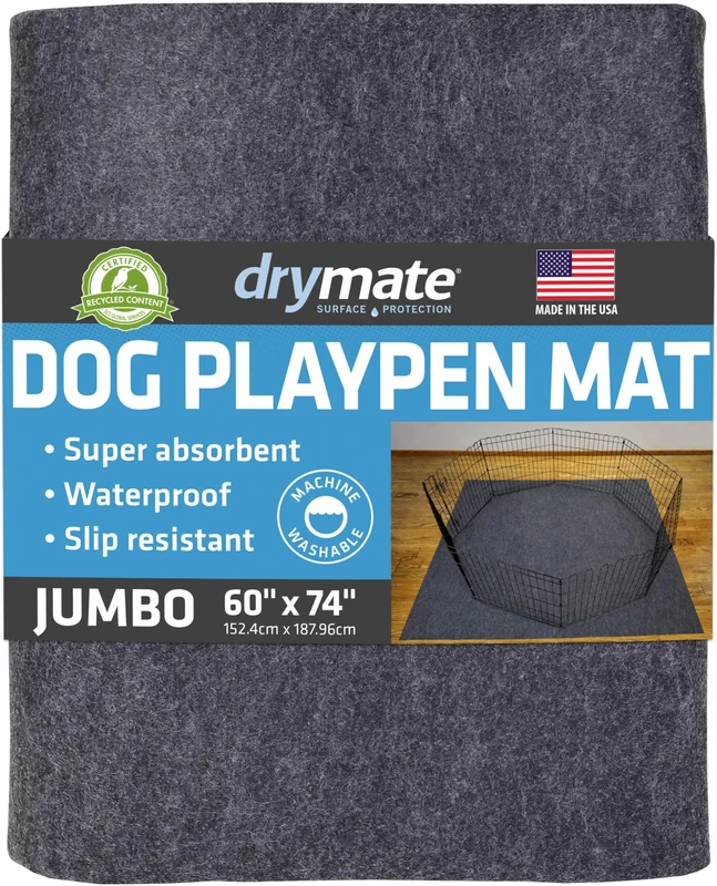 Drymate Dog Playpen Mat, Absorbent, Waterproof, Non-Slip, Machine Washable, XL Size (60” x 74”), Reusable Puppy Pad for Training, Whelping, Housebreaking, Incontinence, and Crate/Kennel (USA Made)