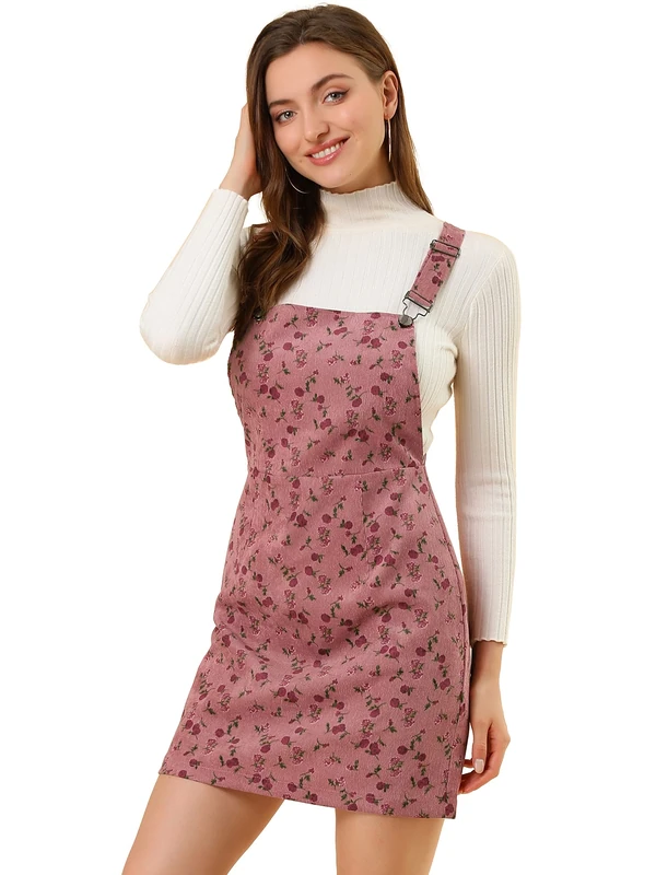 Allegra K Women's Adjustable Strap Pinafore Bib Corduroy Overalls Dress, Pink, L