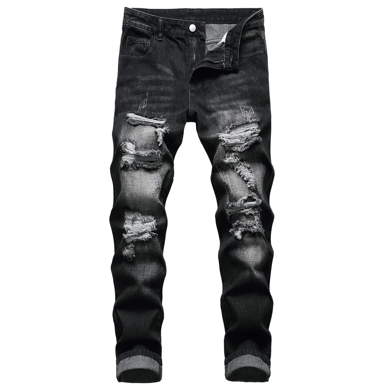 MXCVYCC Men's Ripped Jeans,Slim Fit Distressed Straight Leg Fashion Denim Pants, Black, 30 - Image 1