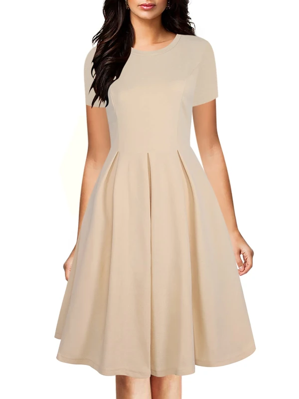 oxiuly Women's Vintage Half Sleeve O-Neck Contrast Casual Pockets Party Swing Dress OX253, Beige Solid, M