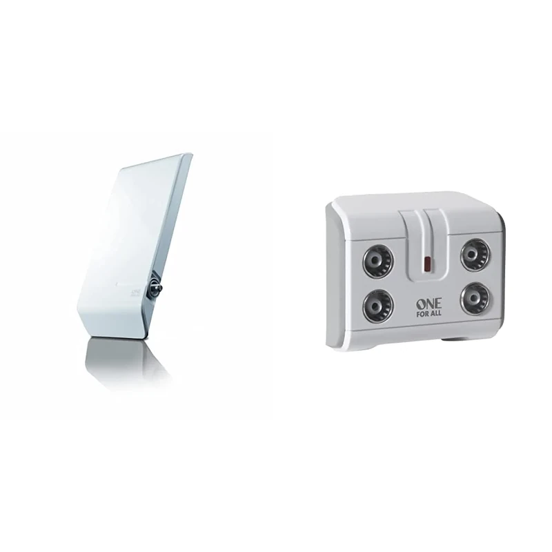 One For All Amplified Outdoor Digital TV Aerial, White & Signal Booster/Splitter for TV - 4 Outputs (14x amplified) - Plug and Play - For interference free reception - Full HD compatible - white