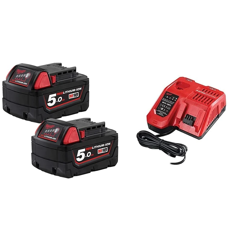 Milwaukee M18B5 18V 5Ah Battery Pack of 2, 12 V, Red & M12-18FC M12-M18 Multi Fast Charger, 230 V, One size