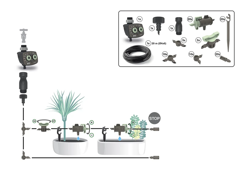 KIT 20 DUE.5 RECO Recycled Plastic Drip Irrigation 20 m with Controller Made in Italy